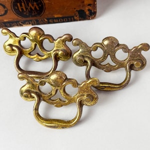 THREE or FOUR Chippendale Style Ornate Drawer Pull Handles / Vintage 70s Hardware / Solid Brass Salvage