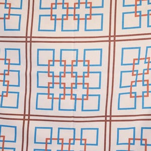 Retro Graphic 80s Queen Flat and Fitted Sheet Set /DIY Sewing Fabric Decor / Mod Squares Brown and Blue