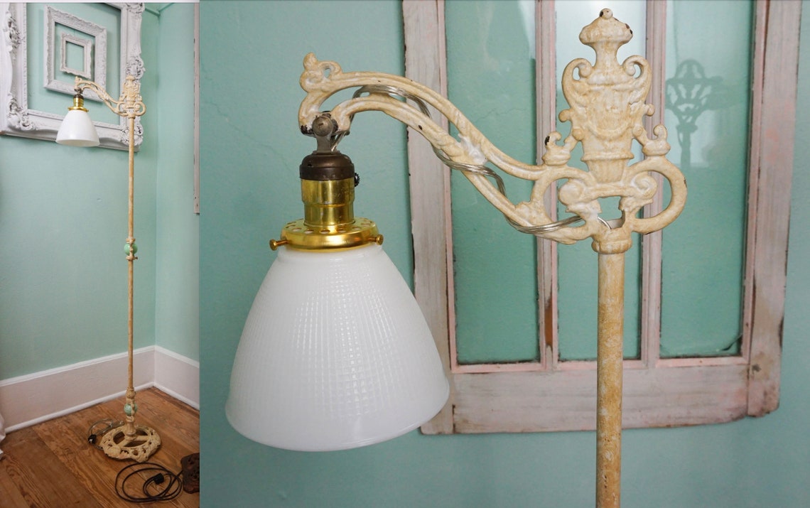 Antique Floor Lamp / Jadeite Glass / Ornate Steel Reading Lamp Etsy