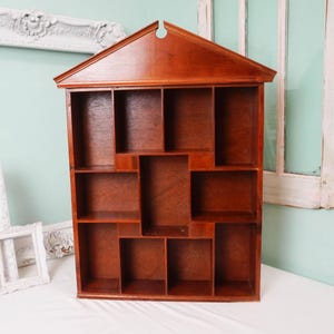 Large House Shaped Wooden Curio Display / Vintage Shadow Box / Storage for Small Figurines / Wall Mounted Shelf