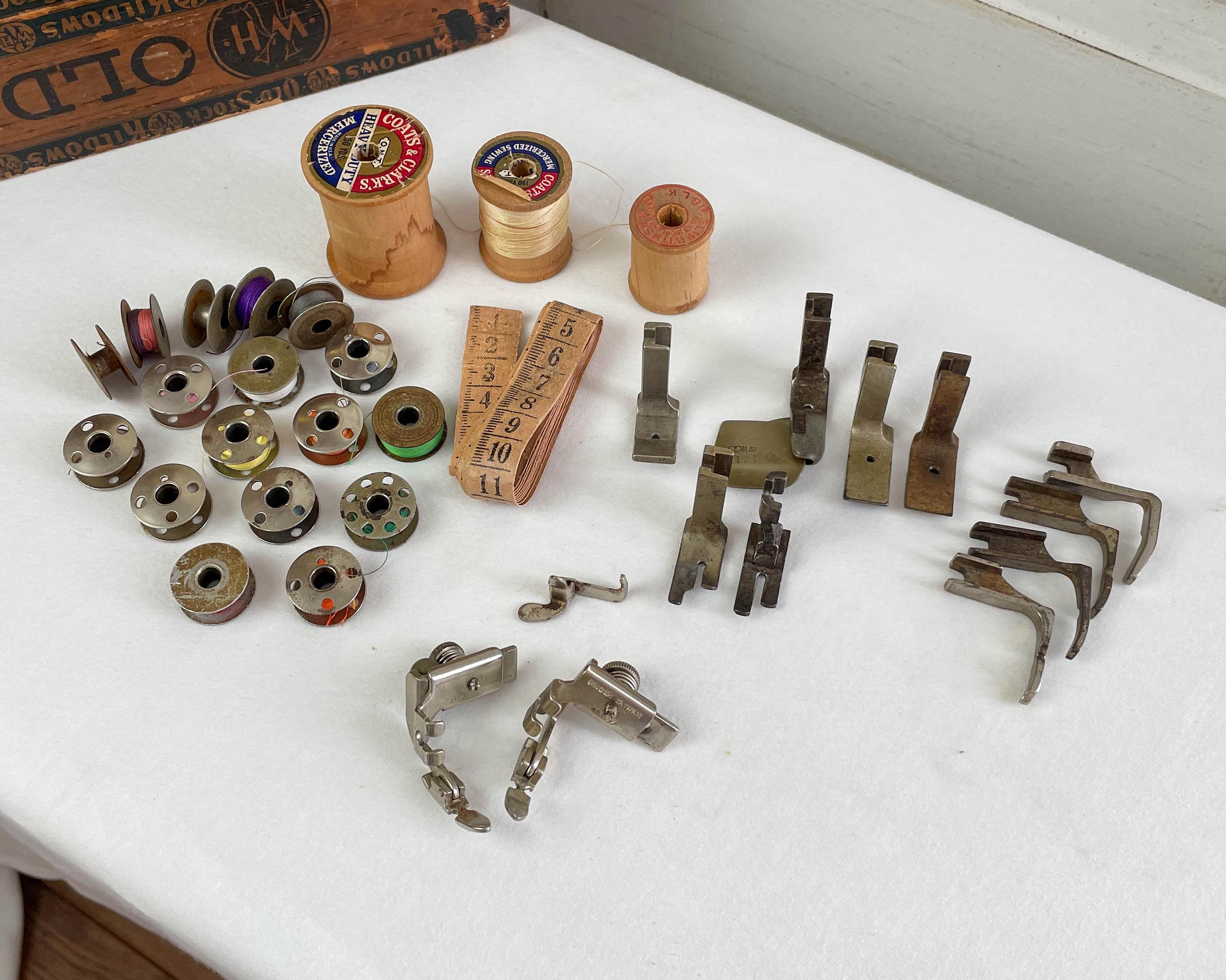 Lot of Industrial Sewing Machine Feet / Metal Bobbins & Wooden Spools / Vintage Parts / Shirring / Hem Roller