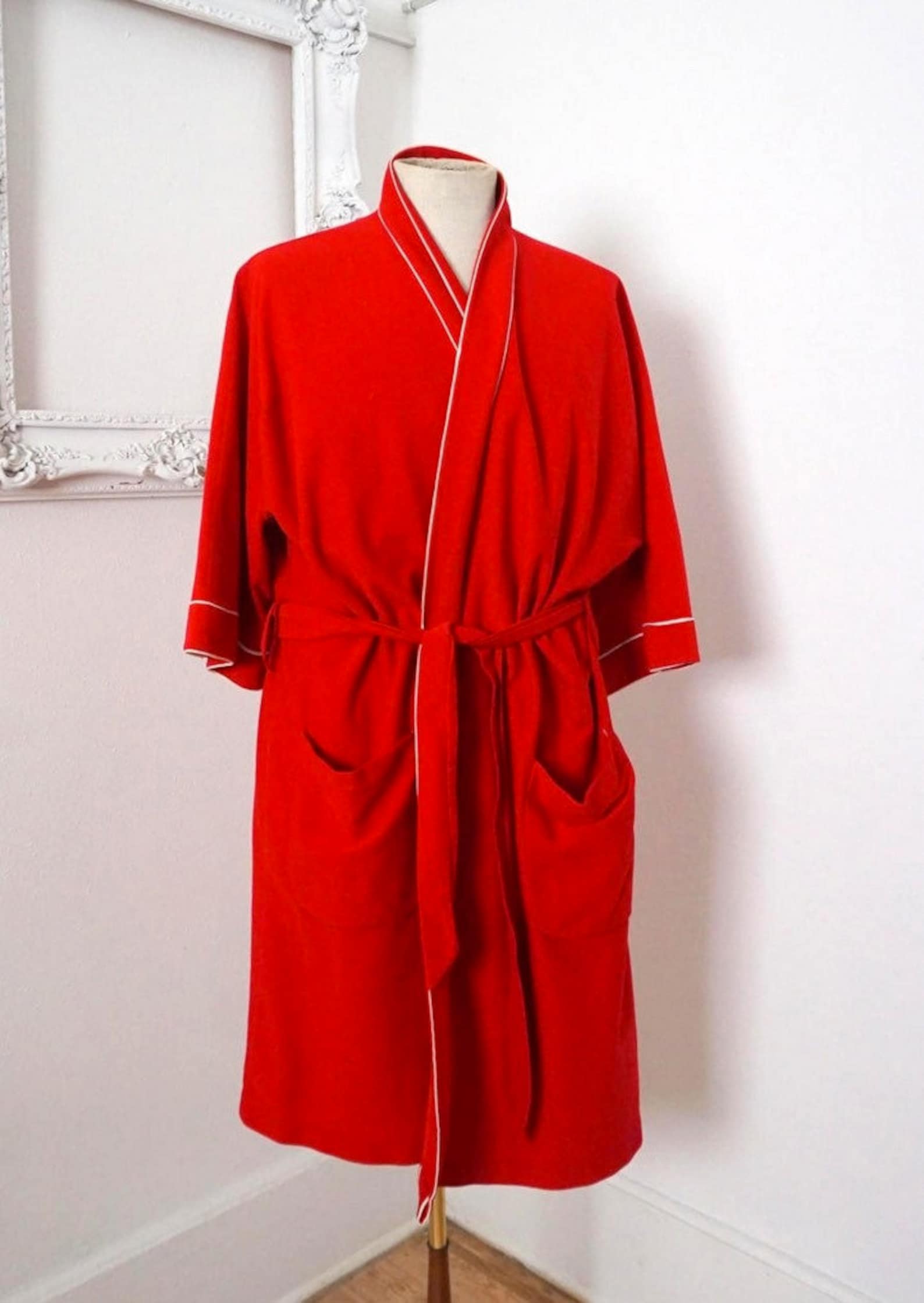 Bright Red Velour Robe With White Trim / Vintage Dressing Gown | Etsy