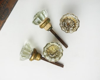 Two Pairs Crystal 12-pt Door Knobs and Spindles / Vintage Glass Doorknob / Restoration Hardware Salvage / Antique Remodel Decor