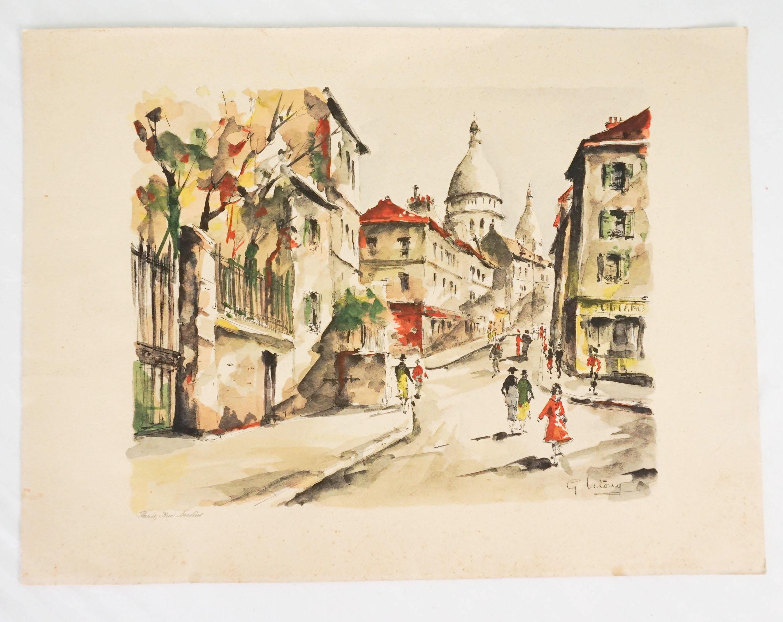 G Lelong Unframed Lithograph Print / French Artist / Rue Nervins