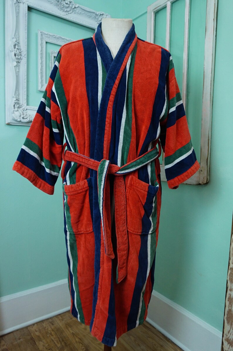 Thick Mens Terrycloth Robe / Red Blue Green Stripe / Vintage Etsy