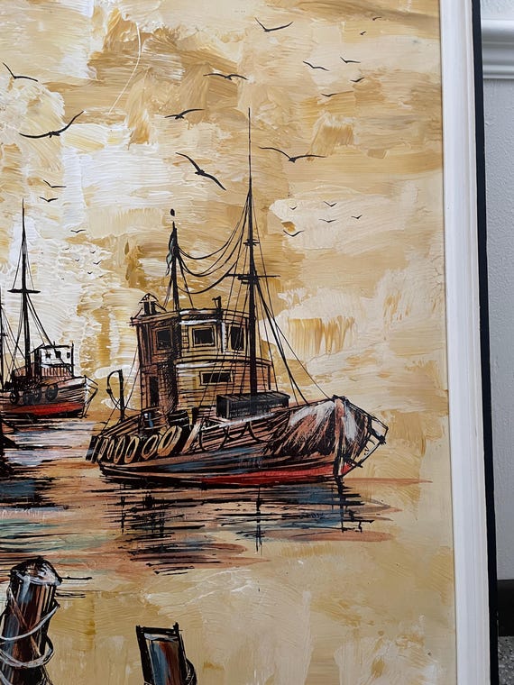 J Wallker Signed MCM Oil Painting Nautical Scene / Brutalist