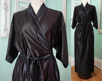 Silky Black Women's Bath Robe / Vintage Glam Satin Dressing Gown / Elegant Satin Pajamas Negligee