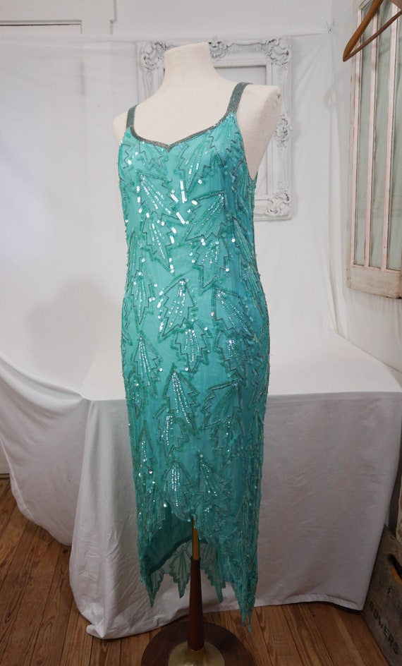 Aqua Shomax Silk and Sequin Cocktail Dress / 80s … - image 2