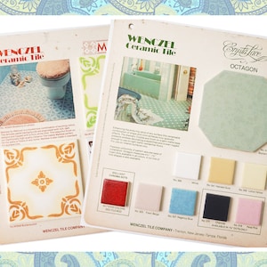 May include: Two vintage brochures for Wenczel Ceramic Tile. The first brochure shows a bathroom with a toilet and a tiled floor. The second brochure shows a bathroom with a bathtub and a tiled floor. Both brochures feature a sample tile and a color chart.