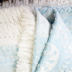 May include: Close-up of a light blue and white patterned rug with a fringed edge. The rug has a textured surface and a geometric design. The fringe is a creamy white color.