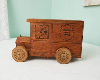 Armored Truck Wooden Toy Coin Bank / Vintage Rustic Children /