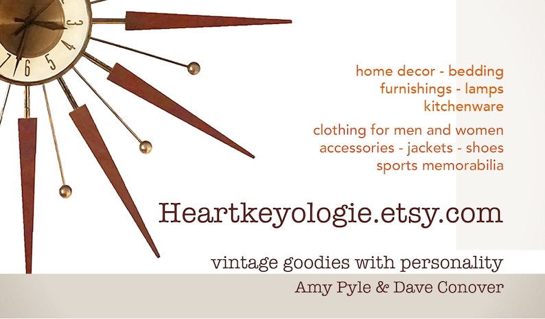 May include: A vintage Etsy shop logo with a gold and brown clock face and the text "Heartkeyologie.etsy.com" and the tagline "vintage goodies with personality" and the names "Amy Pyle & Dave Conover".