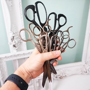 May include: A hand holds a collection of vintage scissors with black and silver handles. The scissors are arranged in a bouquet-like shape, with the blades pointing upwards.