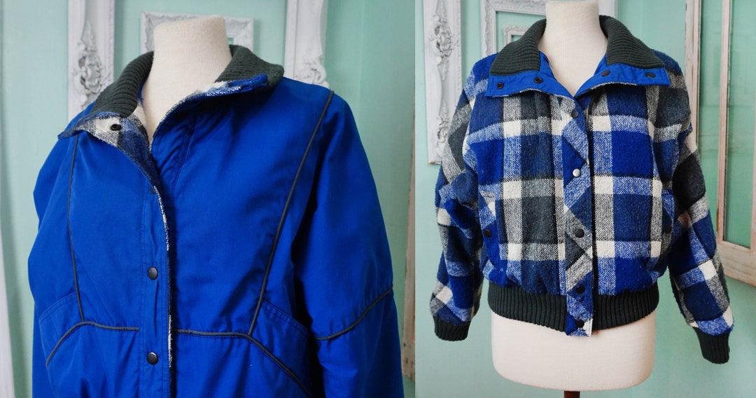 ジャケット・アウター 80s 90s ITALY plaid pattern coat EURO Reversible Blue Plaid Bomber Jacket / Crop Baseball Coat Women Sz