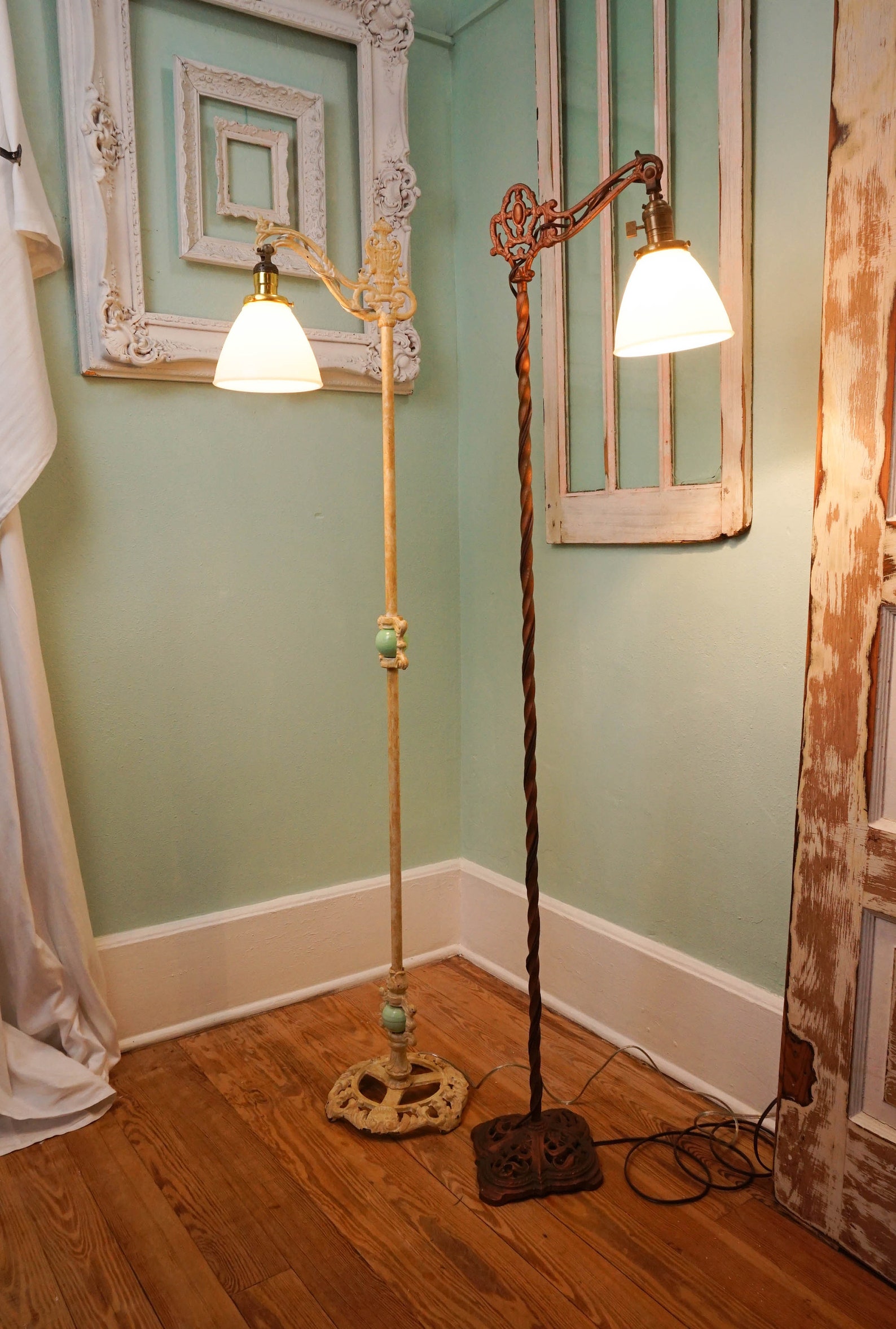 Antique Floor Lamp / Jadeite Glass / Ornate Steel Reading Lamp Etsy