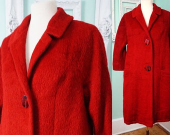 Fuzzy Wool Women's Overcoat with Huge Buttons / Vintage Mid Century Swing Coat Dressy Winter Jacket Sz L