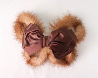 Mink Fur and Satin Bow Womens Cap for Up Do / Vintage Elegant Clothing / Mid Century Hair Accessories