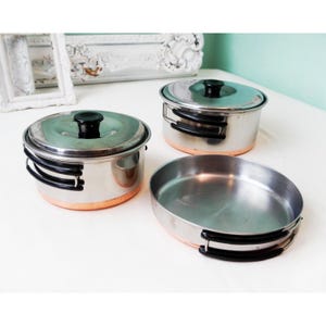 Copper Bottom Camping Cookware / Small Travel Pots and Pans / Vintage Kitchen Stainless Cookware Sauce Saute Frying Pan