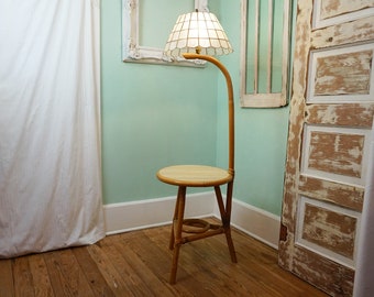 Rattan Floor Lamp with Side Table / Vintage MCM Beach House Decor / Mid Century Lighting / Bent Wood Furniture / No Shade Included