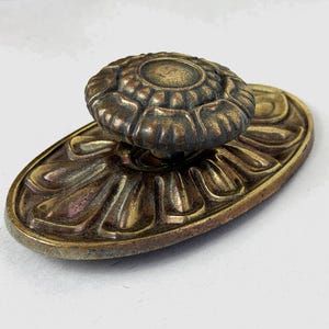 Huge Solid Brass Knob with Back Plate / Floral Dimensional Ornate Cabinet Pull / Vintage Antique Bronze Hardware