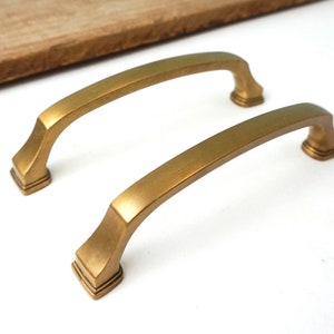 Pair of TWO Long Drawer or Cabinet Pulls / Smooth Satin Brass Handles / Vintage Salvaged Hardware Knobs
