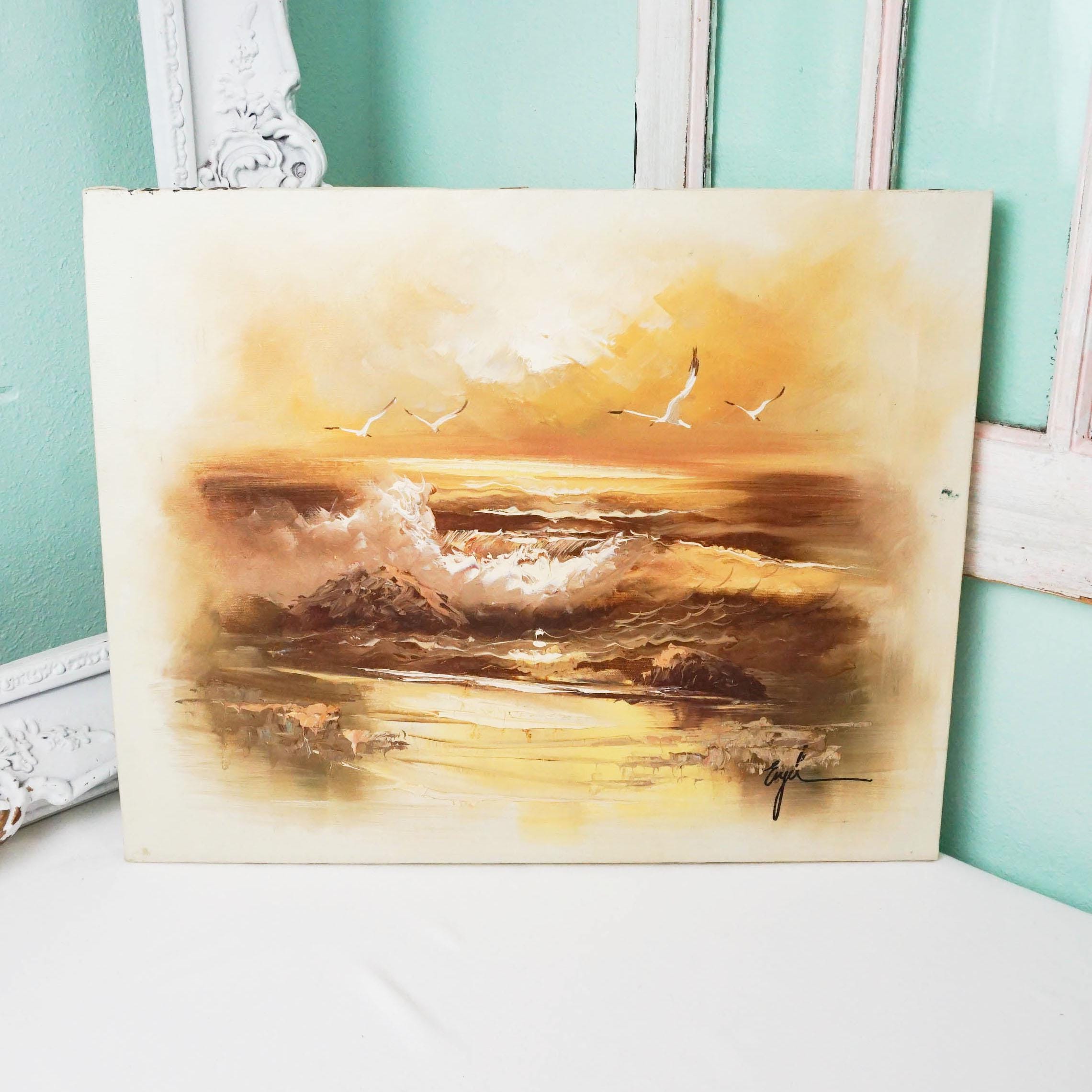 Engel Signed Coastal Scene Oil Painting / Original Beach Sunset Art / Vintage Ocean Seagulls Sand Dune Decor