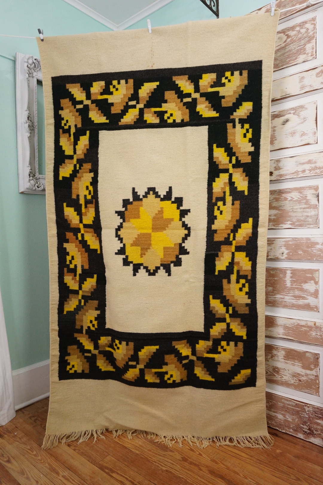 Large Mexican Southwestern Wool Blanket or Rug / Woven Vintage Etsy
