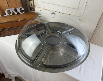 Large Lazy Susan Buffet Server / Smoky Gray and White Plastic Modern / Mod Party Vintage Charcuterie Board