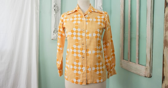 Gold and White Polyester Blouse with Huge Pointy … - image 1