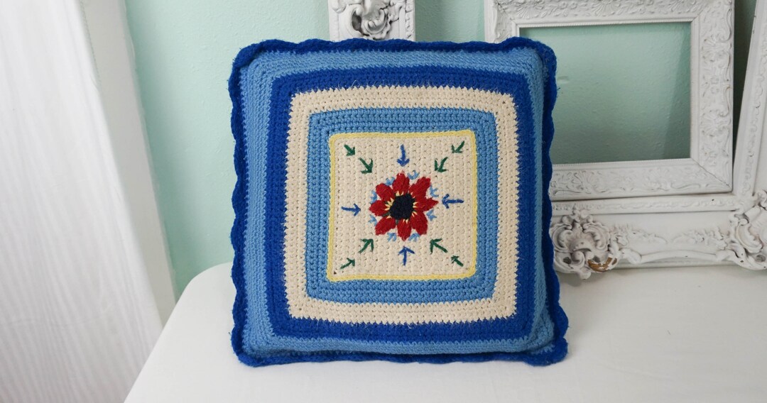 Blue and White Crocheted Throw Pillow / Shabby Vintage Decor Etsy