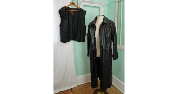 Black Leather Biker Trench Coat with Thinsulate L… - image 1