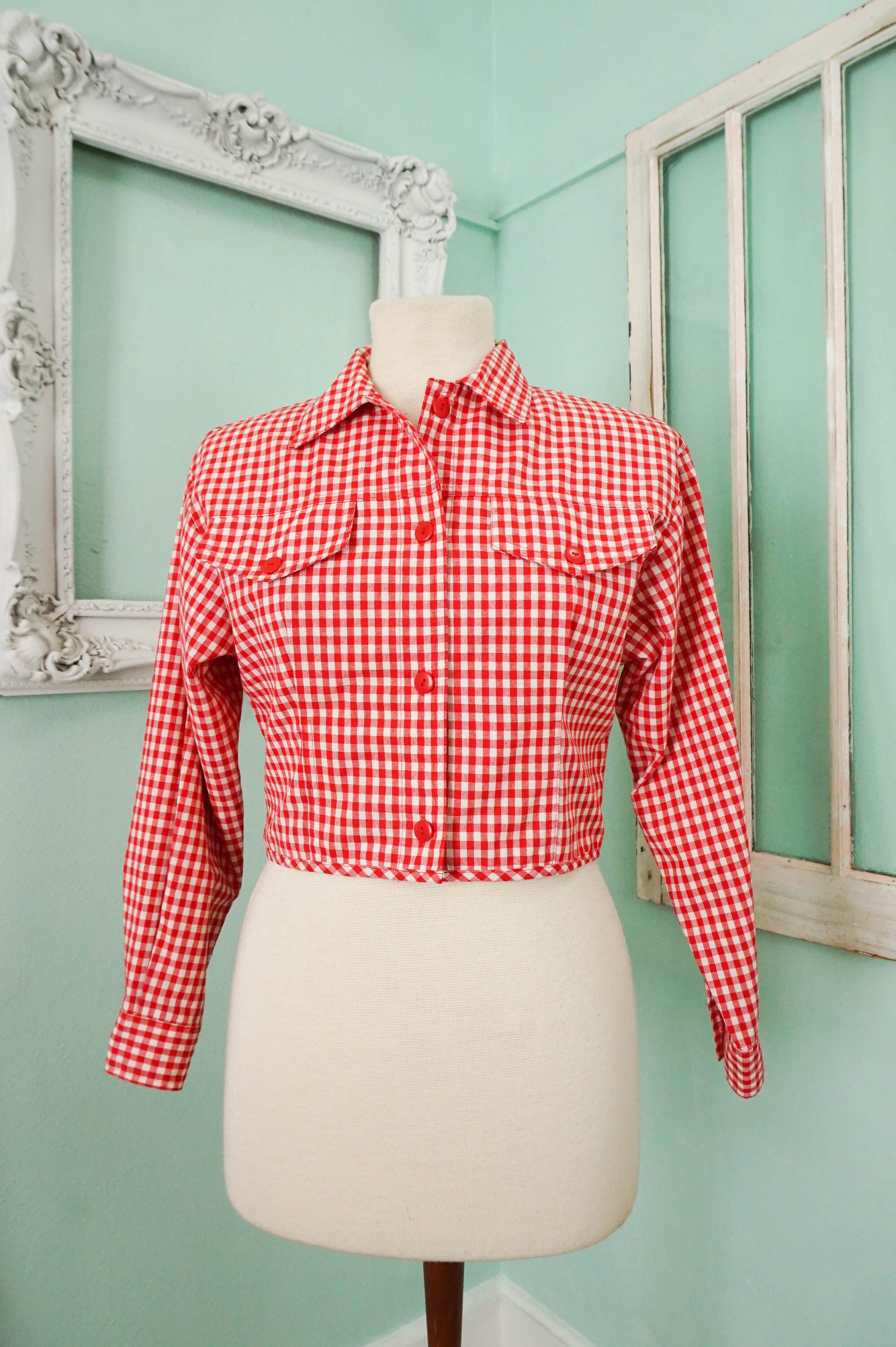 Red and White Gingham Crop Top Blouse/ Vintage Women Petite Etsy