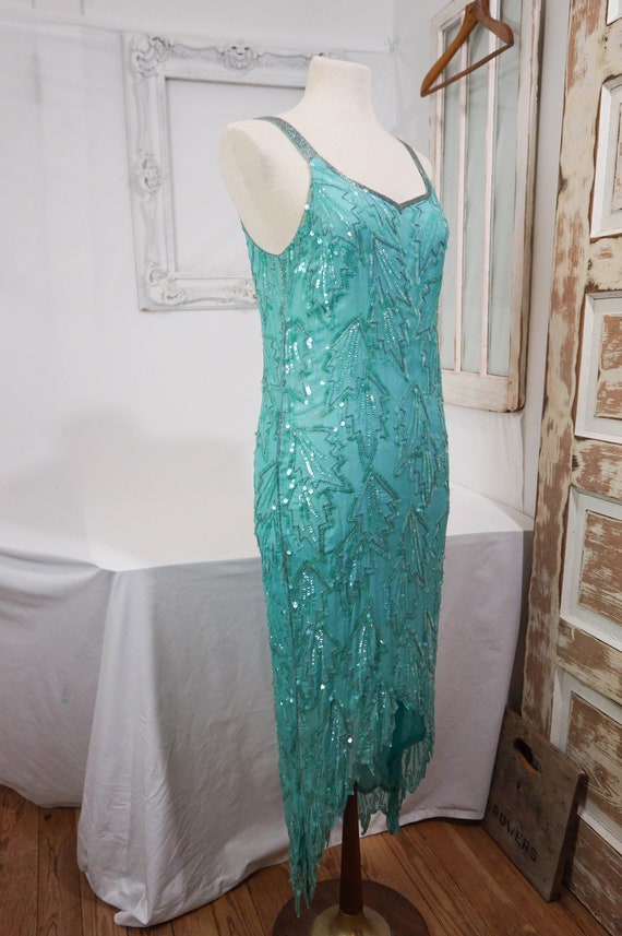 Aqua Shomax Silk and Sequin Cocktail Dress / 80s … - image 4