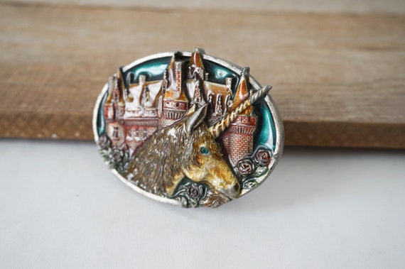 Pewter Unicorn Belt Buckle Bergamot Enameled Colo… - image 1