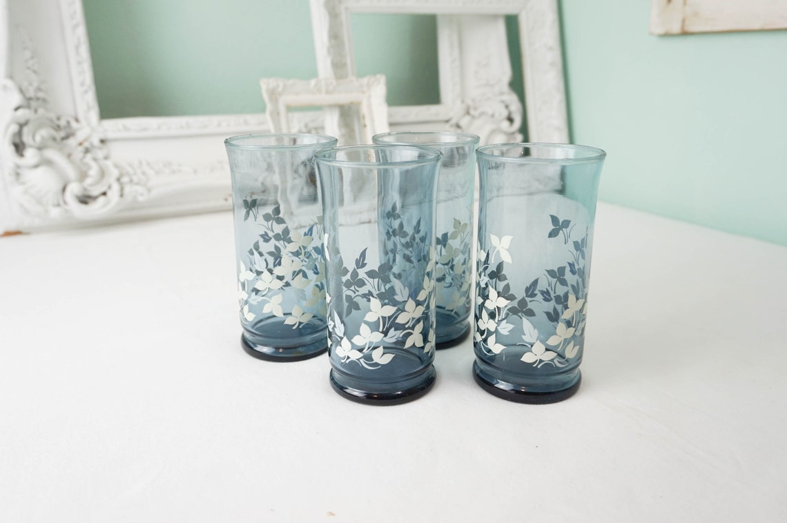 Set of 4 Blue Drinking Glasses / Vintage Table Barware Etsy