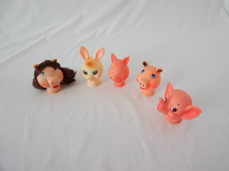 Pairs of Two Various Animal Doll Heads for Reuse or Repurpose / Vintage Elephant Rabbit Pig Childrens Toy image 7
