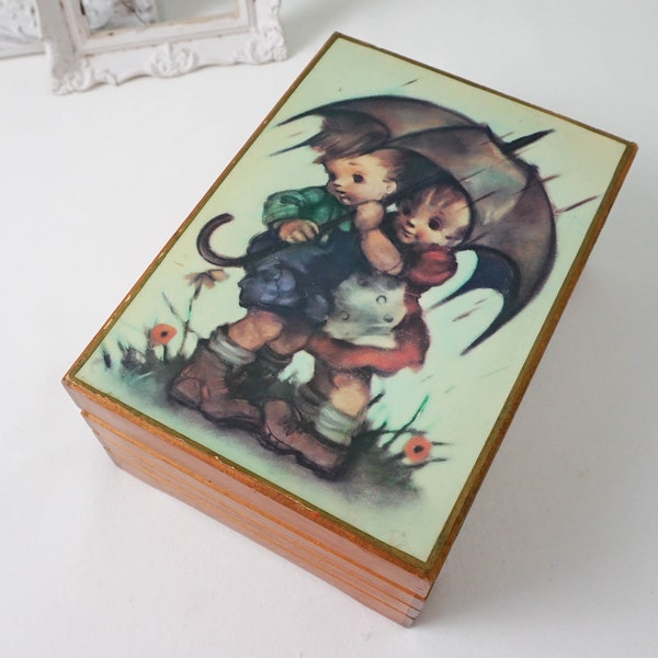 Hummel Wooden Music Box Jewelry Storage / Plays "Raindrops Keep Fallin' on My Head" / Vanity Bedroom Stash Container