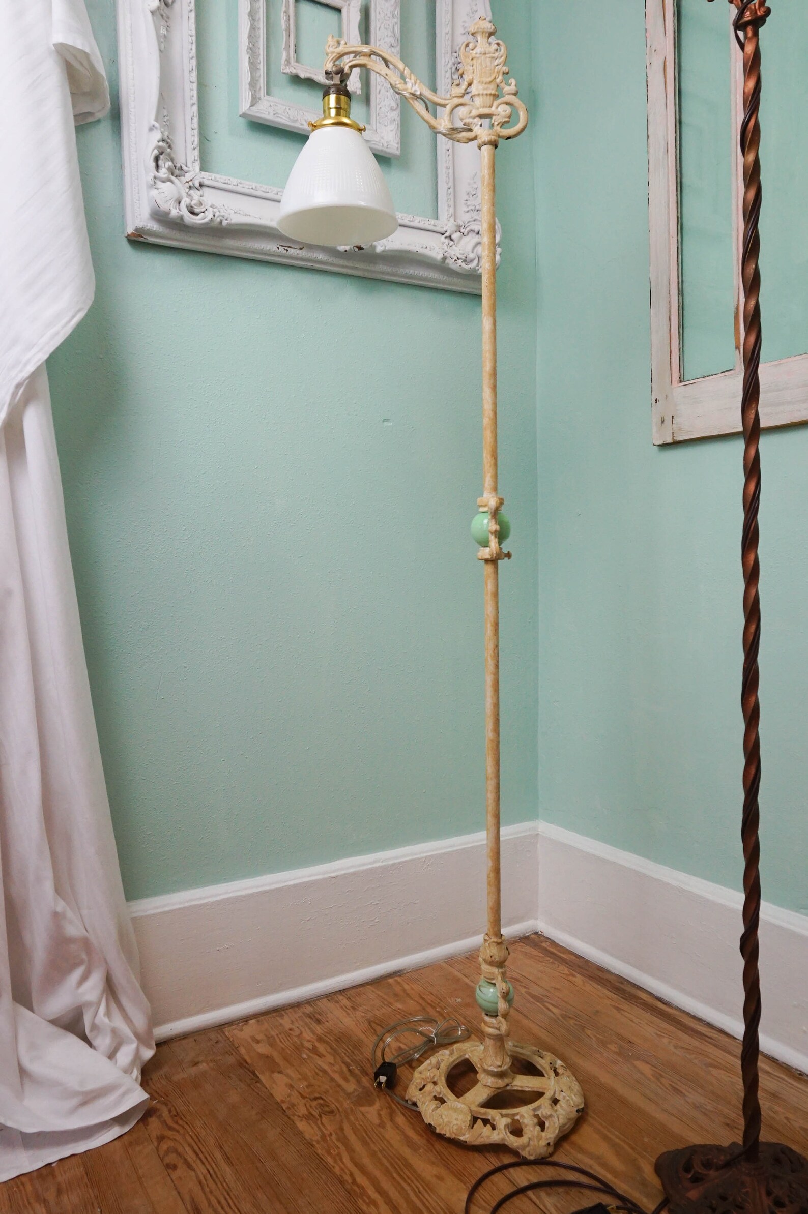 Antique Floor Lamp / Jadeite Glass / Ornate Steel Reading Lamp Etsy