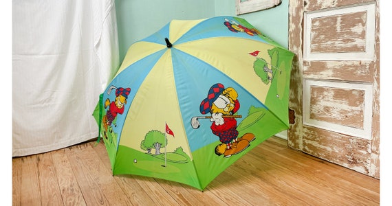 Garfield Golfing Umbrella With Wooden Handle / Vintage Large 