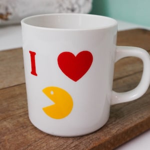 I  Heart Pac Man Mug for Coffee or Tea / Vintage Ceramic Coffee Cup / Retro Birthday Gift / 80s 90s Arcade Game