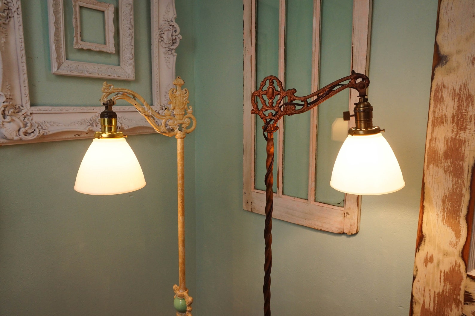 Antique Floor Lamp / Jadeite Glass / Ornate Steel Reading Lamp Etsy