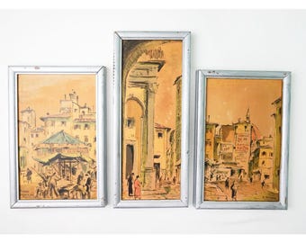 Triptych set of THREE Framed Prints of European Street Scenes / Vintage Florence Italy Art / Mid Century Travel / Modern Line Drawing