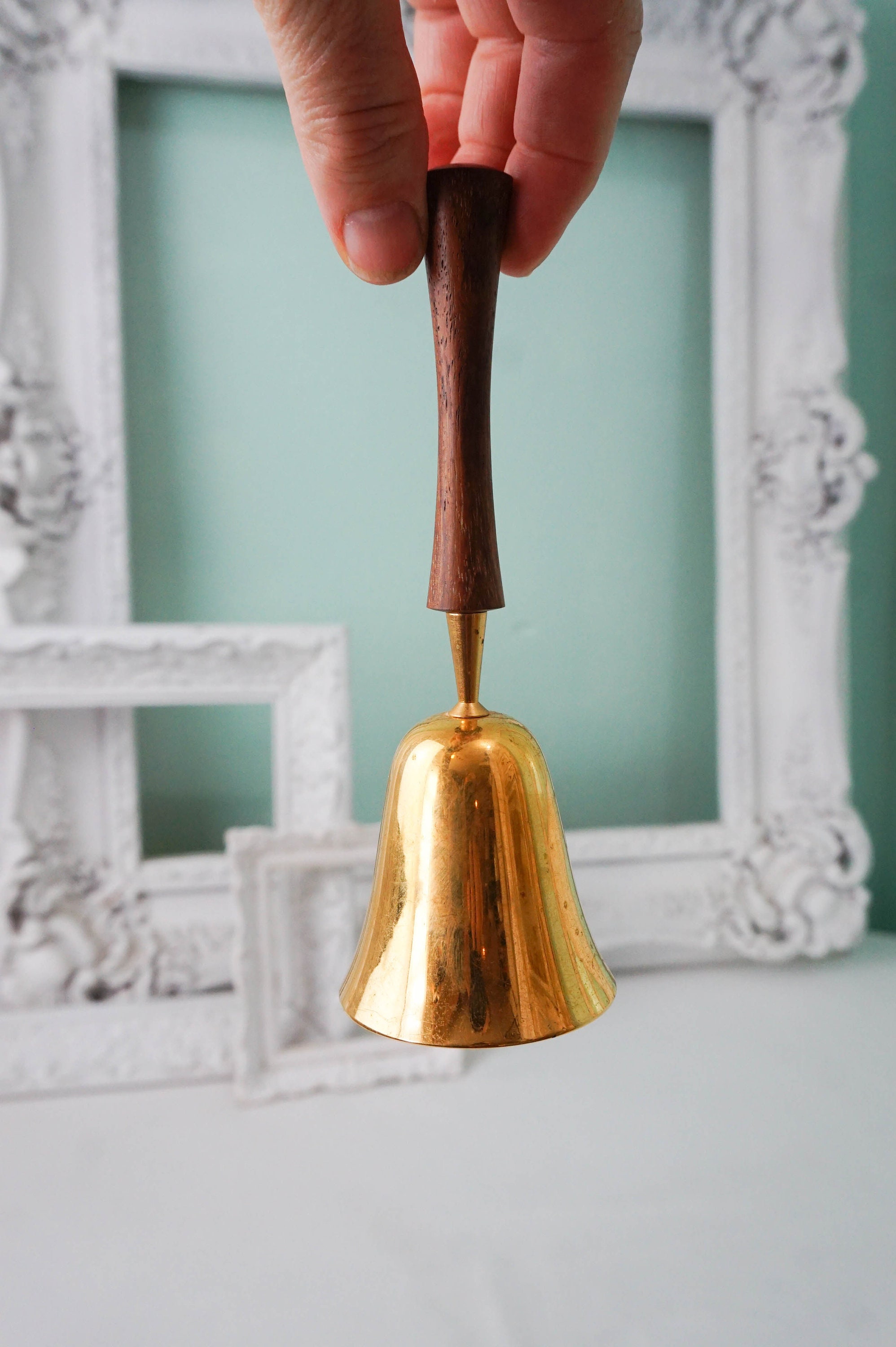 VINTAGE SMALL BELL WITH WOODEN HANDLE AND BRASS BOTTOM