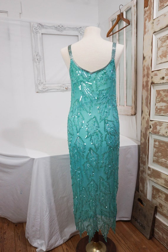 Aqua Shomax Silk and Sequin Cocktail Dress / 80s … - image 6