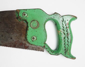 20" Warranted Superior Antique Hand Saw Painted Green / Vintage Rustic Tools Collectible Saws