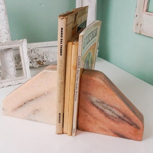 Pair of Heavy Marble Bookends / Pink Natural Stone / Vintage Library Decor / Modern Sculpture Book End
