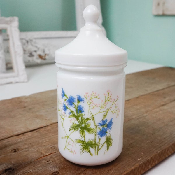 Small White Glass Lidded Jar / Delicate Wildflowers / Vintage Garden Pattern Milk Glass / Bathroom Storage Canister