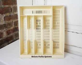 Mod 70s Flatware Tray with Graphic Lettering / Vintage Beige Kitchen Tray / Retro Storage Drawer Organization