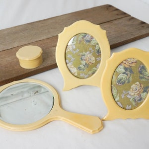 Deco Portrait Frames and Hand Mirror / Vintage Antique Boudoir Set / Ivory Pyralin DuBarry