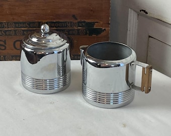 Mid Mod Chrome Coffee Creamer and Sugar Bowl / MCM Metropolis Art Deco Chromium / Vintage Retro Kitchen Wedding Gift